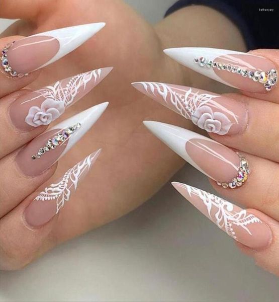 Kunstnagels 24 stuksdoos met ontwerpen Stiletto Kunstmatige Franse nageltips Witte roos Glitter Druk op diamant4017974