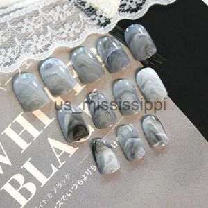 Faux ongles 24pcsset gris marbre design dame ongles acrylique complet faux ongles conseils nail art faux ongles outils duo côté autocollant Z141 x0826