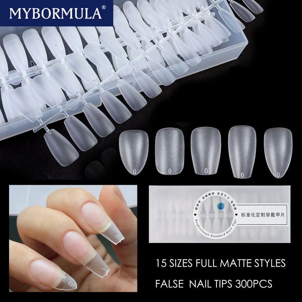 Uñas postizas 300 piezas mate cubierta completa puntas de uñas postizas ataúd/estilete uñas postizas esmeriladas ultrafinas cápsula de extensión ongle 15 tamaños black tech 230927