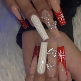 Faux ongles 3D faux accessoires flocons de neige de Noël longs conseils de cercueil français avec strass papillon presse sur les fournitures d'ongles