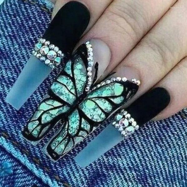 Faux ongles 3D Faux accessoires papillon vert avec strass longs conseils de cercueil français Faux Ongles presse sur les fournitures d'art des ongles