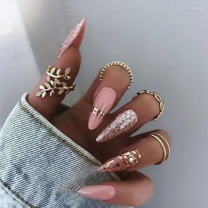 Valse Nagels 3D Nep Lange Franse Amandel Tips Strobe Glitter Rose Gold Leopard DIY Manicure Faux Ongles Druk Op acryl Nail Set