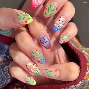 Kunstnagels 3D Fake Set Accessoires Kleurrijke Snake Flora Korte Franse Amandel Tips Faux Ongles Press On Acryl Nail Supplies