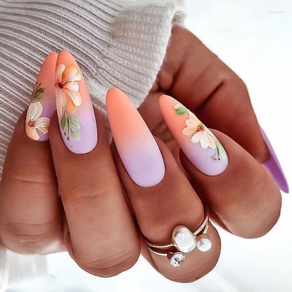 Uñas postizas 3D, accesorios falsos, diseño de flores de color naranja degradado, puntas de almendras francesas, Ongles falsos, suministros de uñas acrílicas