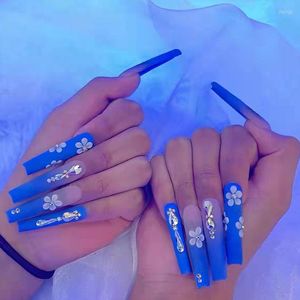Valse nagels 3D nep set lange Franse kist tips gradiënt blauw met witte bloemen ontwerp diy manicure decoratie pers op nagel