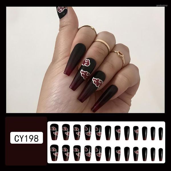 Uñas postizas 3D Fake Set Press On Faux Ongles Consejos de ataúd francés largo Diseño de nube de fuego rojo oscuro Suministros de manicura DIY Kit de uñas