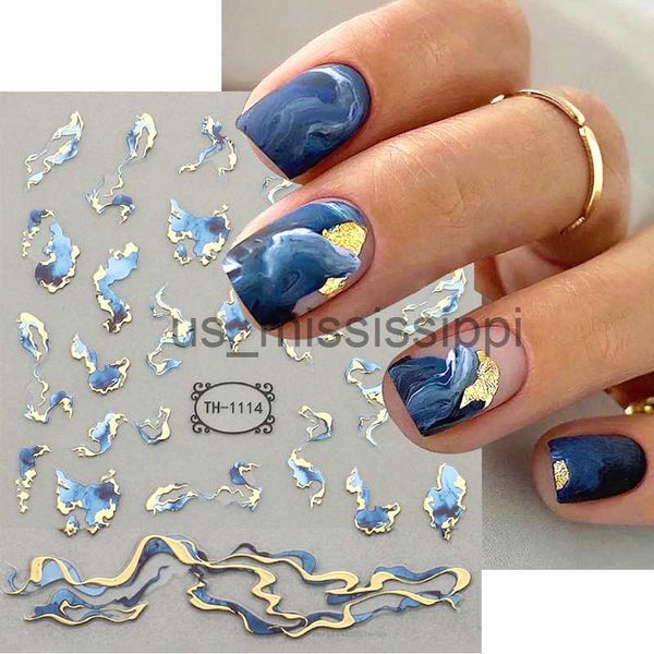 Uñas postizas 3D Línea de onda dorada Etiqueta de uñas Mármol Geometría azul Flores abstractas Arte de uñas Deslizadores Calcomanías Láminas Decoraciones de manicura x0826