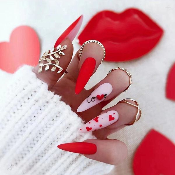 Faux Ongles 3D Mat Faux Ensemble Long Français Pointes Pointues Coeur Rouge Pour La Saint Valentin Faux Ongles Appuyez Sur Acrylique Nail Fournitures