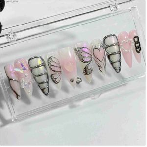 Valse nagels 3D metallic zilver op roze lange stiletto pers op nagels Goth Chrome Aura gotische nepnagels Emo Y2K Grunge nagels Q231114