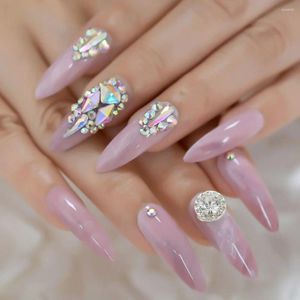 Faux ongles 3D strass luxe extra longs pointes aiguilles pointues pointues faux ongles marbre rose gel presse sur