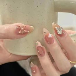 Kunstnagels 3D Strass Decor Roze Tips Zoete Boog Franch Amandel Voor Meisje Dame Wearable Koreaanse Stijl Fake