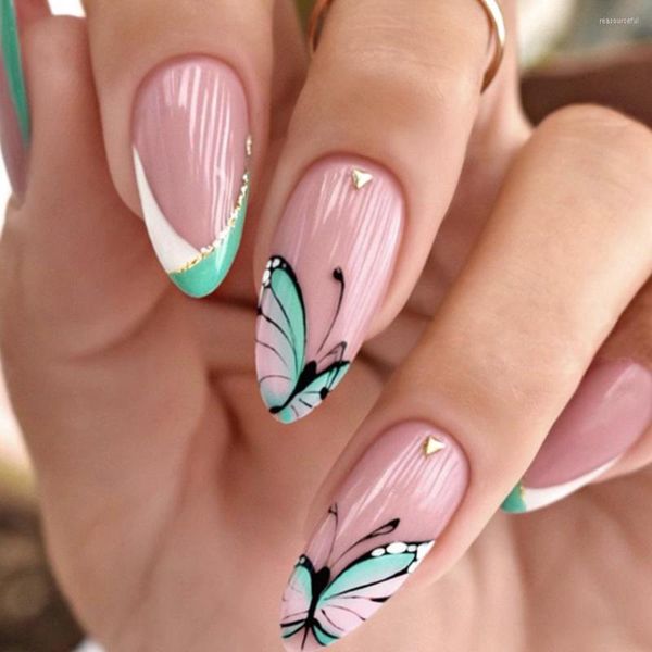 Uñas postizas 3D Set Press On Faux Ongles Puntas de almendras francesas cortas Diseños de mariposa verde brillante Lindo kit de uñas acrílicas coreanas