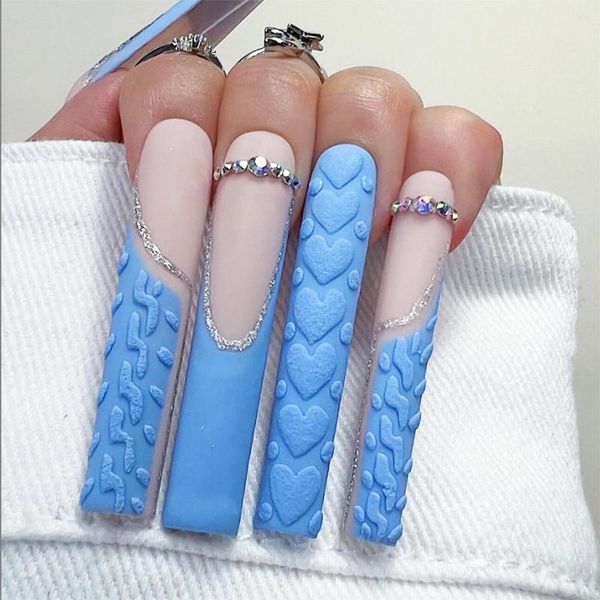 Faux ongles 3D en trois dimensions, style long, portant des ongles, tuyau d'eau, perceuse à pointe, paillettes, rose, bleu, patch