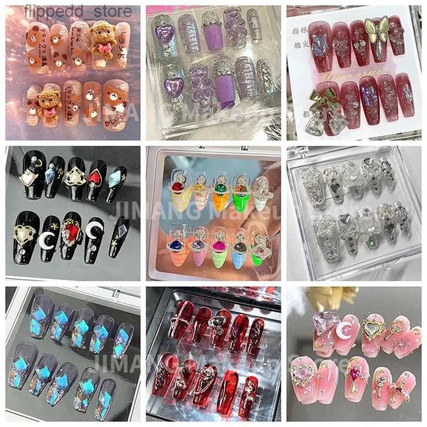 Uñas postizas 4sets / Lot Caja ciega Hecha a mano Puntas de uñas postizas largas Brillo Rhinestone Presione en las uñas Y2K Reutilizable Clavo falso corto con pegamento Regalo Q231114