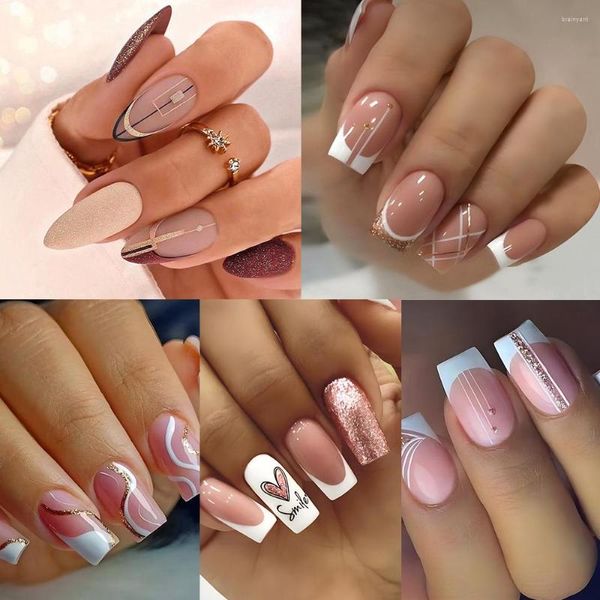 Faux ongles 5 boîtes (120 pièces) long carré presse sur rose Style français ongles artificiel paillettes doigt manucure réutilisable faux