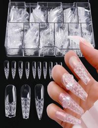 Valse nagels 500 pcset nep long kistglazuur acryl heldere herbruikbare pers op volledige deksel vierkante vingertipsNail kunstdecoraties ly16024500