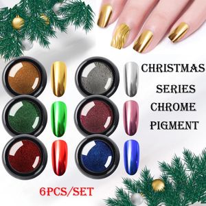 Faux ongles 6pcs / Set Noël Nail Art Métallique Miroir Poudre Chrome Nail Pigment Or Argent Vert Chrome Poussière Manucure DIY Décoration 231205
