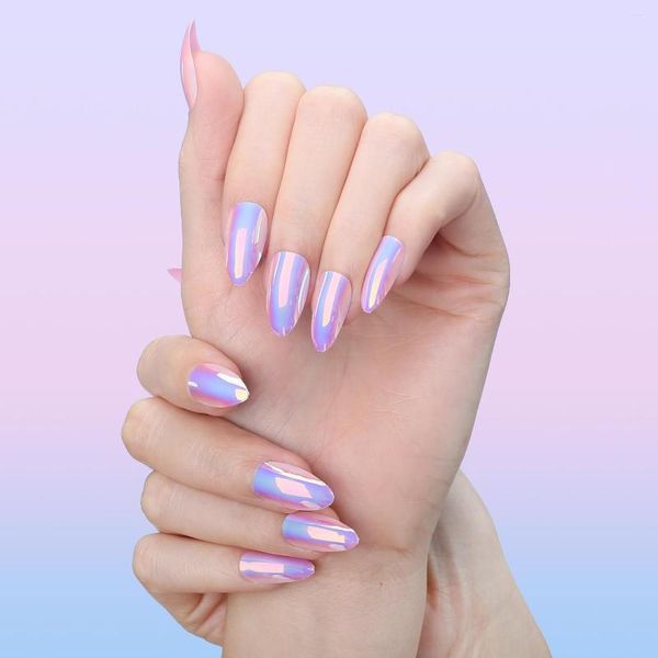 Faux ongles amande forme naturelle charmante manucure conseils 24 pièces fantaisie rose Purle court Chrome faux holographique presse sur