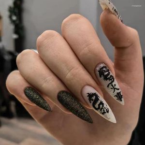 Kunstnagels Kunstmatig lang punk-draakpatroon met lijm Zwart ontworpen afneembare nep-inktstijl Draagbare nagelkunst 24