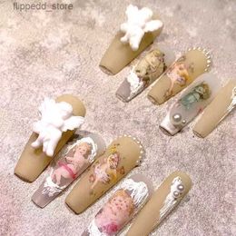 Uñas postizas Diseño de ángel barroco Uñas postizas hechas a mano Presione sobre las uñas Ataúd largo Clavo falso con pegamento Personalizado Reutilizable Salón de uñas Tip Art Q231114