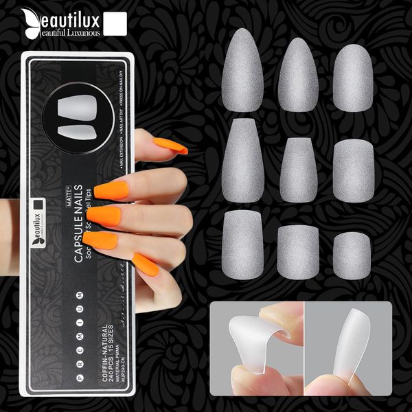 Faux Ongles Beautilux Ultra Matte Capsule Nails 240pcsbox Almond Square Coffin Squoval Fake Press On Gel Nail Tips American Capsule 230325