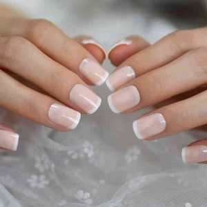 Faux ongles Beige French Nails Pointe blanche Squoval Faux Court Moyen Taille Dames Conseils de manucure artificielle pour un usage quotidien 220225