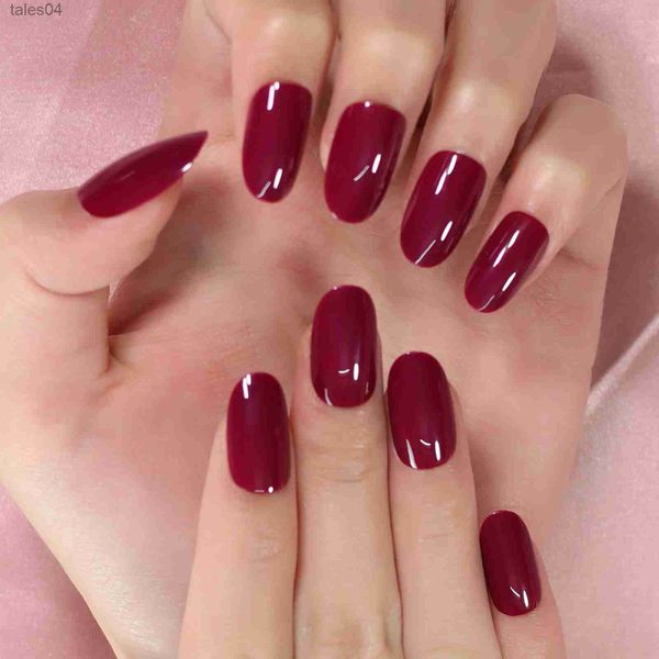 Uñas postizas Berry Red Purple Faux Ongles Medium Oval Glossy Salon Reutilizable Acabado profesional Acrílico Uñas postizas 24 piezas / kit YQ231115