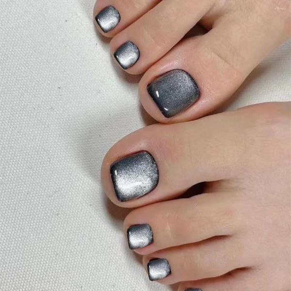 Faux Ongles Noir Aurore Orteil Oeil De Chat Cristal Faux Pied Avec Des Conceptions Couverture Complète Appuyez Sur Paillettes Pieds Carrés Ongles Conseils