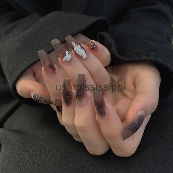 Uñas postizas Black Butterfly Girl Nail Art Prensa portátil sobre puntas de uñas postizas con pegamento y pegatina 24 piezas Caja con herramientas de uso como regalo x0826