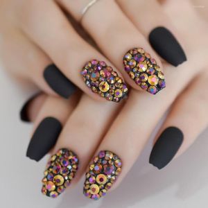 Faux ongles noir couleur cercueil court mat entrée strass décoration Nail Art Design coloré cristal diamant EchiQnail