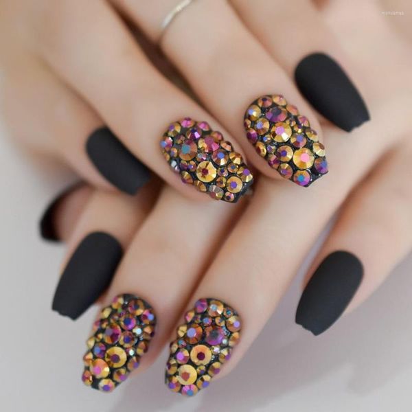 Uñas postizas Color negro ataúd corto mate entrada diamantes de imitación decoración uñas arte diseño colorido cristal diamante EchiQnail