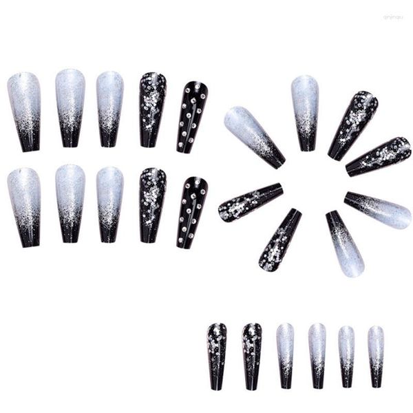 Faux Ongles Noir Dégradé Applique Diamant Long Coffin Nail Tips Glitter Art