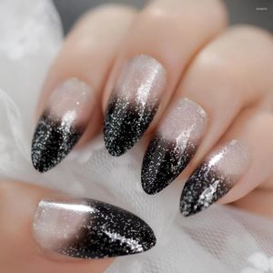 Uñas postizas Negro Ombre French Sharp Ending Puntas de uñas acrílicas Cubierta de gel brillante Gradiente puntiagudo con pestañas adhesivas