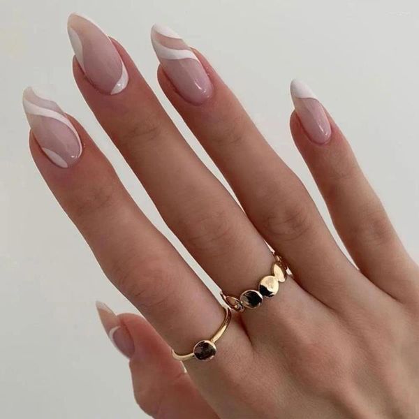 Faux ongles noir blanc amour coeur faux géométrique goutte d'eau amande français presse à ongles sur 24 pièces/boîte gelée colle