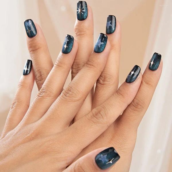 Faux ongles bleu paillettes oeil de chat étoiles d'argent mignon presse courte sur superbe fait à la main à la mode faux