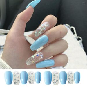 False Nails Blue Silver Butterfly Fake Coffin kunstmatige tips met ontwerpen drukken op nagelballerina manicure gereedschap