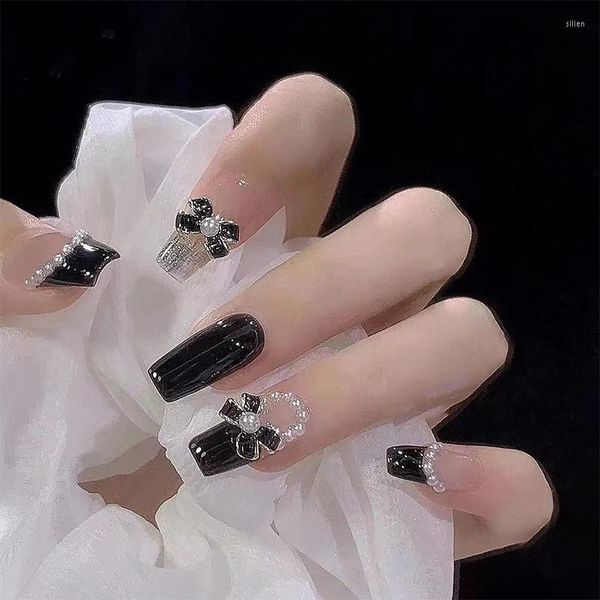 Faux Ongles Arc Nail Art Noir Et Blanc Perle Diamant Produits Longs Adhésif Réutilisable Faux Fournitures Colle Presse Choses Designer