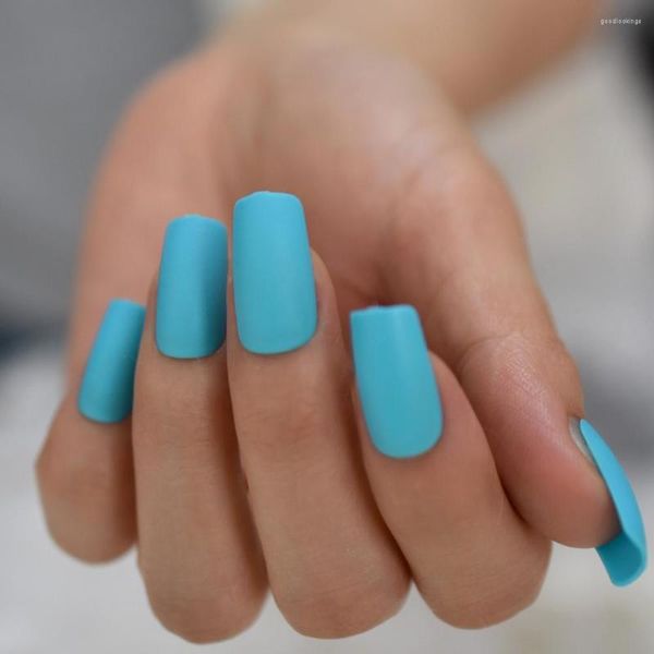 Faux ongles bleu vif mat givré femmes faux ongles carré haut finition conceptions doigt Art conseils avec onglets adhésifs