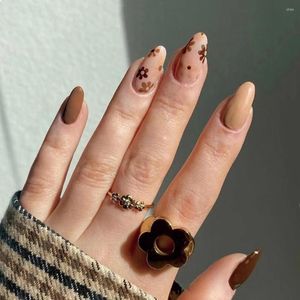Valse nagels bruine bloem amandel nep met ontwerpen mode mode Franse tips diy manicure draagbare pers op volledige omslag