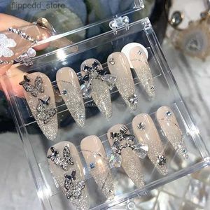 Valse nagels vlinder druk op nagels y2k glitter strass nep nagel met lijm op maat gemaakte handgemaakte lange kist kist stiletto valse nagels tips q231114