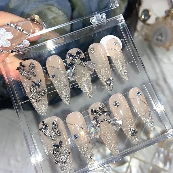 Uñas postizas Mariposa Prensa en las uñas Y2K Glitter Rhinestone Uñas postizas con pegamento Personalizado Ataúd largo hecho a mano Stiletto Puntas de uñas postizas 231121