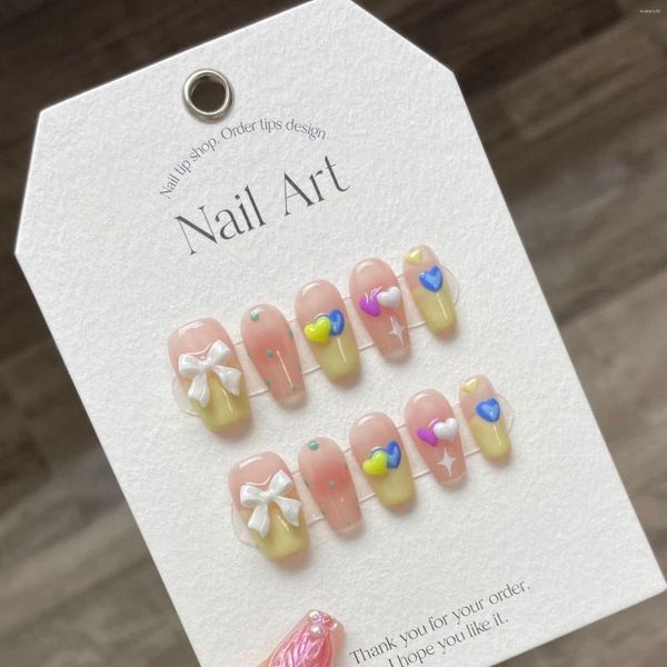 Uñas postizas Colores dulces Prensa hecha a mano en las uñas con diamantes de imitación Bailarina Profesional usable coreano falso para niña Bowknot Art