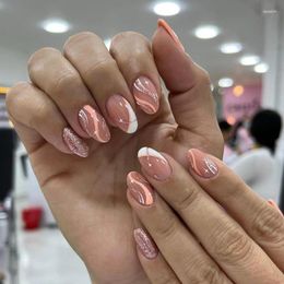 Uñas postizas champán Super brillo polvo ondulación almendra uñas cubierta completa acabado estrella falso arte pegamento fácil de usar mujer encantadora