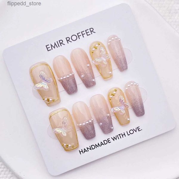 Faux ongles Charme Papillon Perles Presse À La Main Sur Les Ongles Élégant Paillettes Long Cercueil Faux Faux Bâton Sur Les Ongles Astuce Art Q231114