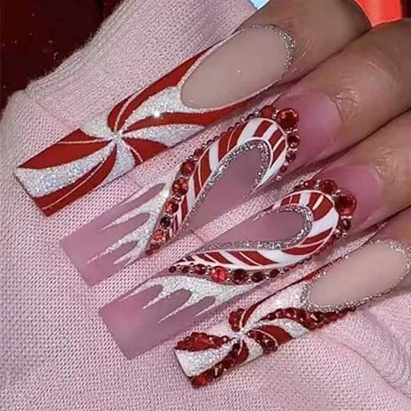 Upas de las uñas falsas Regalos de Navidad Upas falsas brillantes diseños de cinta de diez rianas rojos Patch de uñas falsos Ballet de ataúd largo Presiona portátil en uñas T240507