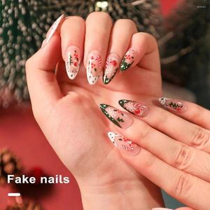 Kunstnagels Kerst Nail Art Kit Feestelijke Press-on Amandel Sneeuwvlok Boom Ster Snoep Print 24pcs Volledige dekking Fake Voor Vrouwen