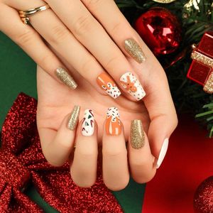 Valse nagels kerstboom snoep druk op wit goud glitter nagel medium ballet doodskist volledige dekking manicure 24 stuks art