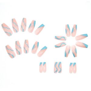 Faux ongles clairs lignes bleues roses imprimées lumière artificielle et collent facilement faux ongles pour les fêtes quotidiennes