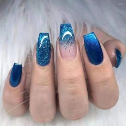 Uñas postizas Prensa de ataúd en azul Ombre Bailarina falsa larga Cubierta completa Bling para mujeres y niñas 24PCS