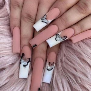 Faux ongles colorés ondulés rose noir papillon cristal point fuite amour coeur couverture complète faux ongles carrés